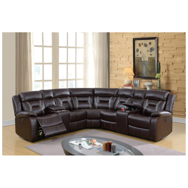 Ensemble de canapé modulaire inclinable électrique en similicuir brun foncé avec porte-gobelets et accoudoirs coussinés