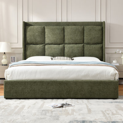 Lit plateforme tapissier à oreilles avec 2 tiroirs de rangement sous le lit, tête de lit haute capitonnée, aucun sommier requis, assemblage facile, mobilier de chambre à coucher moderne