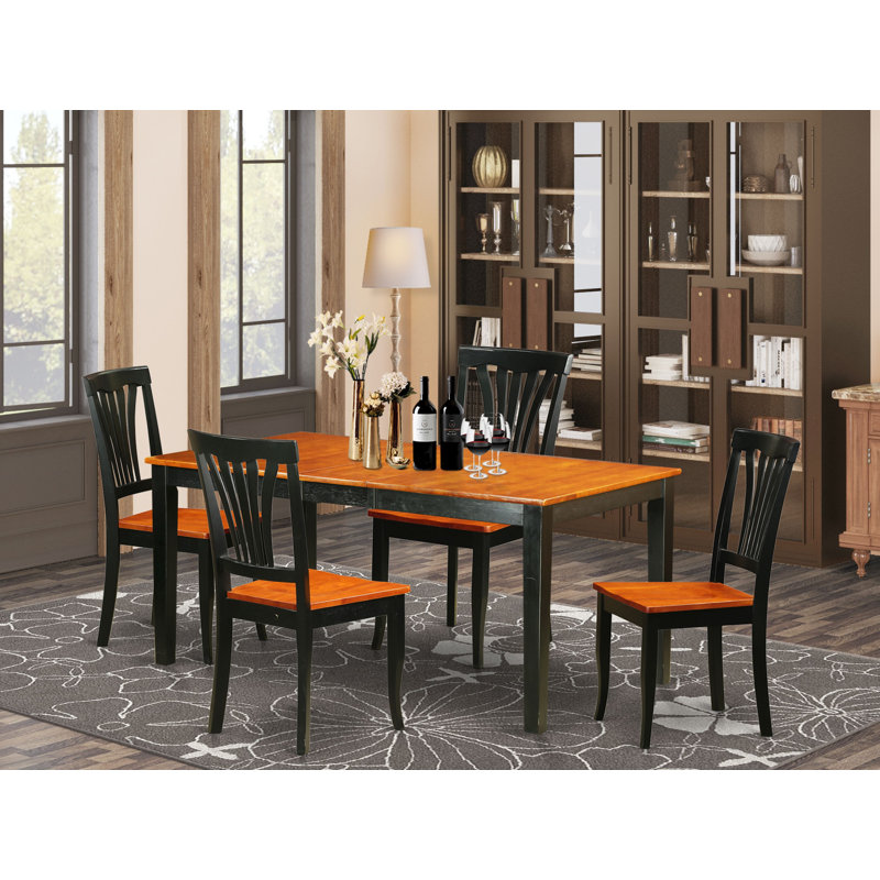 5 Piece Modern Dining Table Set Includes a Rectangle Wooden Table with Butterfly Leaf and 4 Dining Room Chairs, Black & Cherry