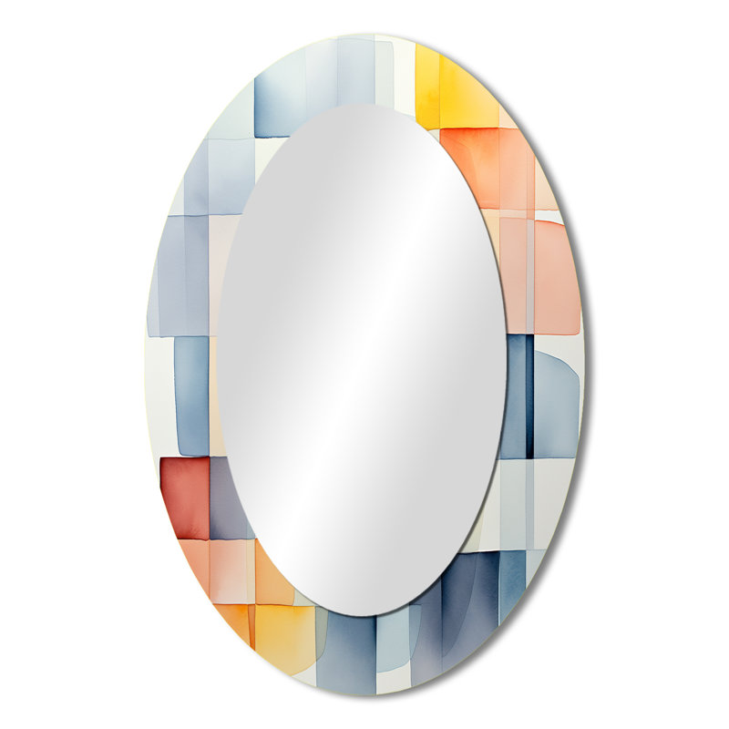 Multicolore cubes motifs V - Grand miroir mural ovale sur métal, H 36 po x l 24 po