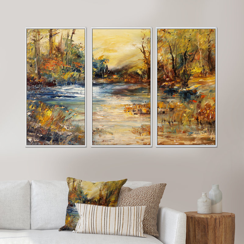 «Stream In Forest», peinture à l'huile sur cadre flottant 3 pièces, H 32 po x l 48 po x P 1 po, Blanc