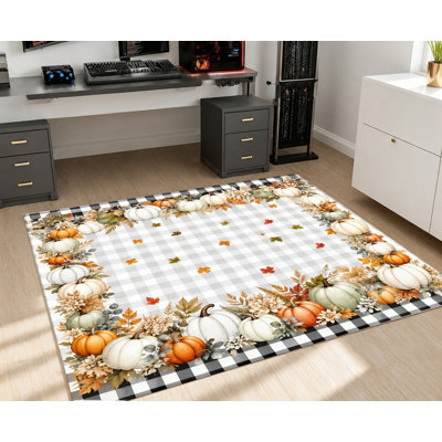 Tapis d'automne à carreaux citrouille, thème automnal, feuilles d'automne, tapis de sol doux et antidérapant, décoration intérieure artistique pour salon, chambre, cuisine, entrée, appartement