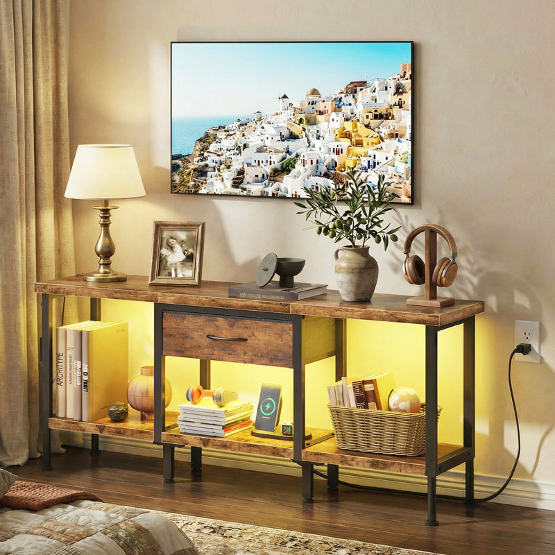 Led Tv Stand With Power Outlet & Fabric Drawers For Tvs Up To 55 Inch Tvs, 21.4" H x 47.3" L x 11.8" W