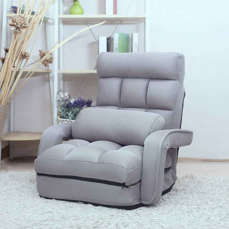 Trule Folding Lazy Sofa Floor Chair Sofa Lounger Bed with Armrests and Pillow, Light Gray