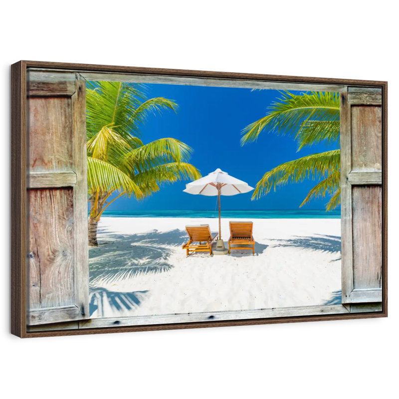 Fenêtre sur la côte des Maldives, 43 po x 29 po, Cadre flottant en noyer