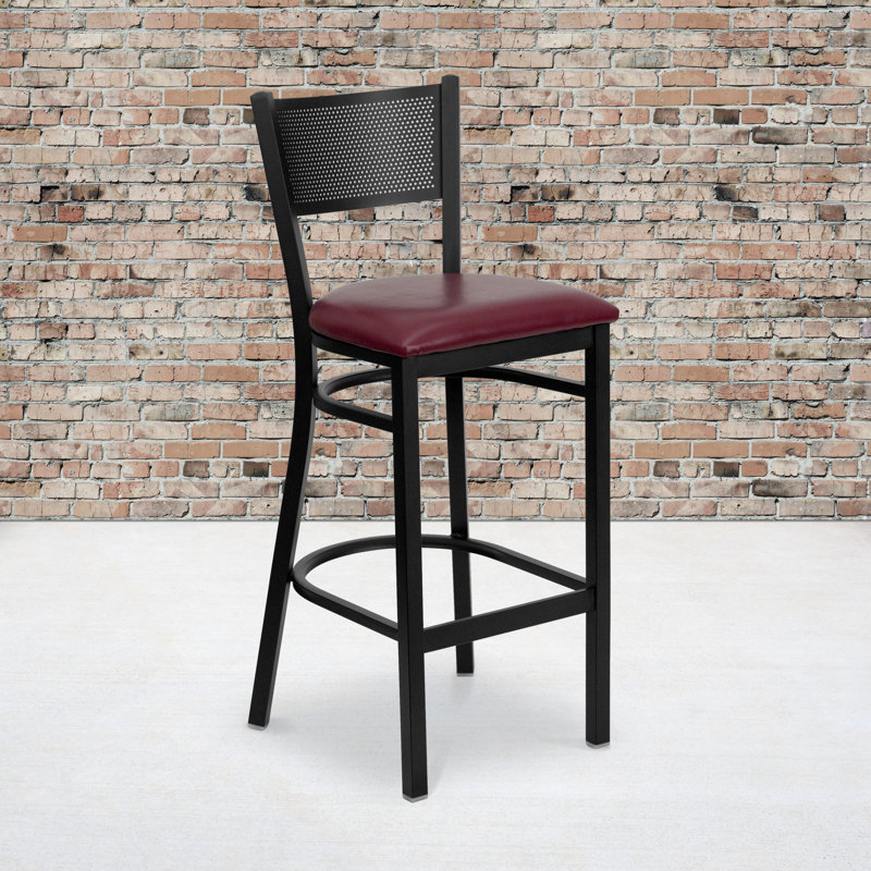Hercules Black Grid Back Metal Bar Stool with Burgundy Vinyl Seat
