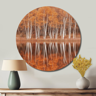 «Birch Tree Lake In Autumn - Floral», art mural rond en métal