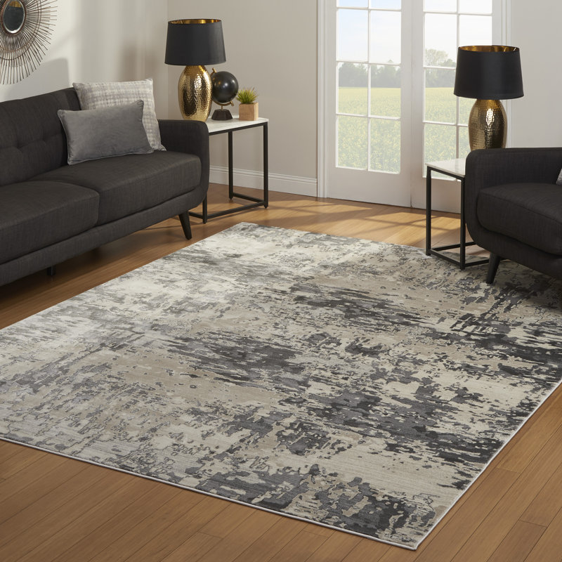 Tapis gris / bleu / ivoire en polypropylène / polyester à motif abstrait moderne Laeh Byrne, Rectangle 6 pi 6 po x 9 pi 6 po