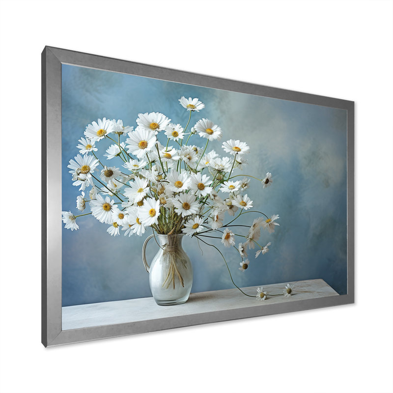 Bouquet de marguerites blanches, sérénité, L 32 po x H 24 po x P 1 po, Cadre simple argenté