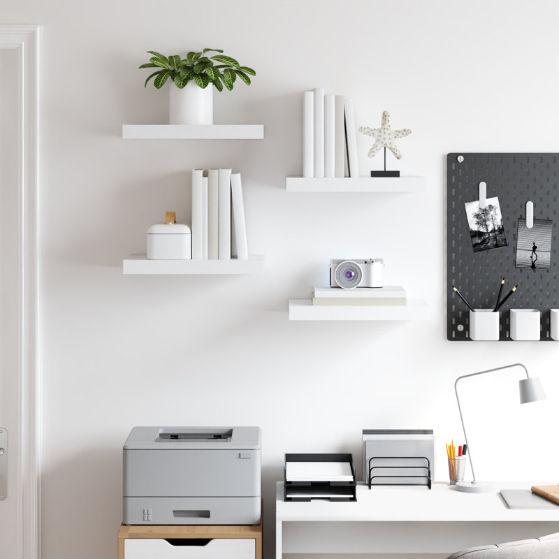 Wall Shelf  Wall Mounted Display Shelf for Photo Frame Set of 4, 1.5" H x 15.7" W x 9.1" D, White, 4