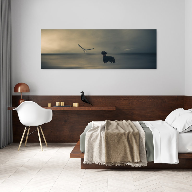 Dreamy Dachshund Seagull Dreamy Peaceful Abstract Seagull Bird Dog Coastal Art mural, H 20 po x l 60 po