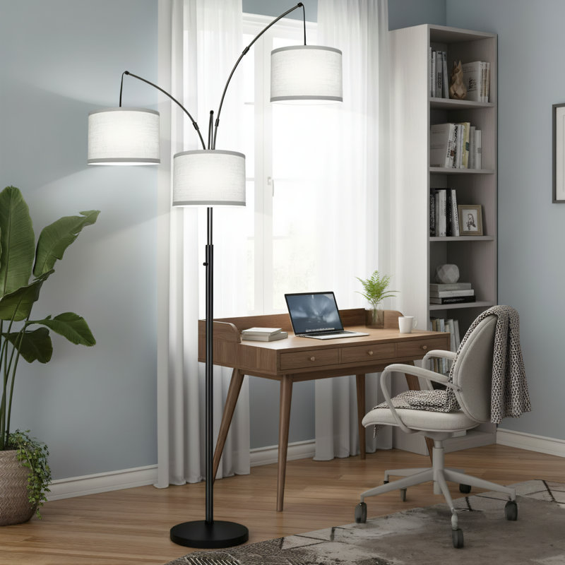 Dimmable Three-Bulb Curved Floor Lamp With Modern, Tall Tree-Shaped Design. Gray Linen Lampshade + Sturdy Base. Includes Three 1000-Lumen LED Bulbs. Suitable For Living Rooms, Bedrooms, And Offices.