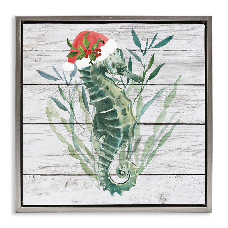 «Christmas Seahorse with Santa Hat», art mural encadré flottant doré par Jennifer Paxton Parker, Cadre flottant gris lustré