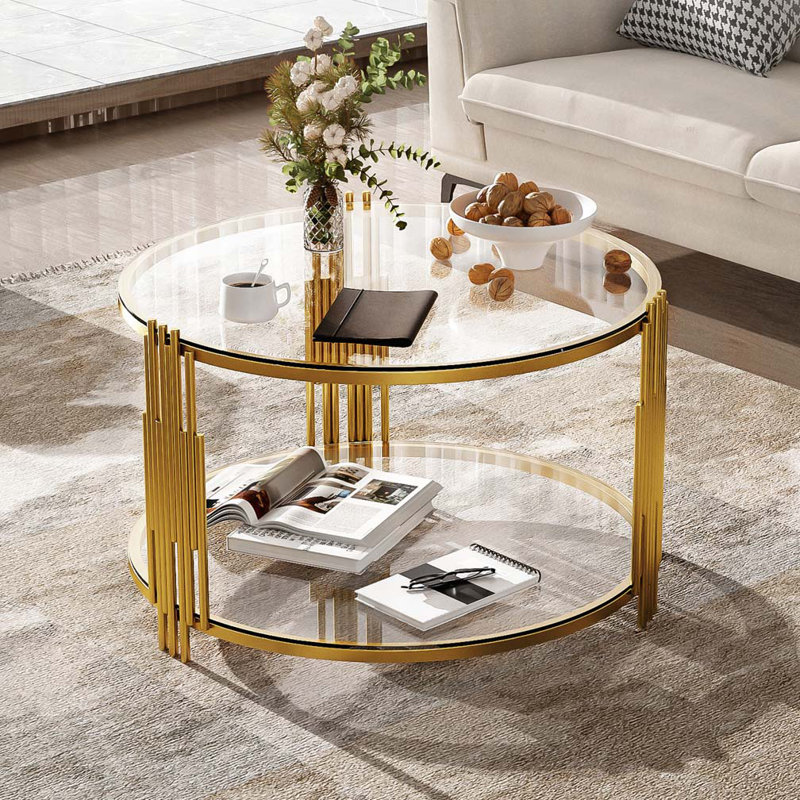 Modern Mirror Coffee Table, Asymmetrical Metal, Circular Metal Drum Base,Lower Shelf, Transparent