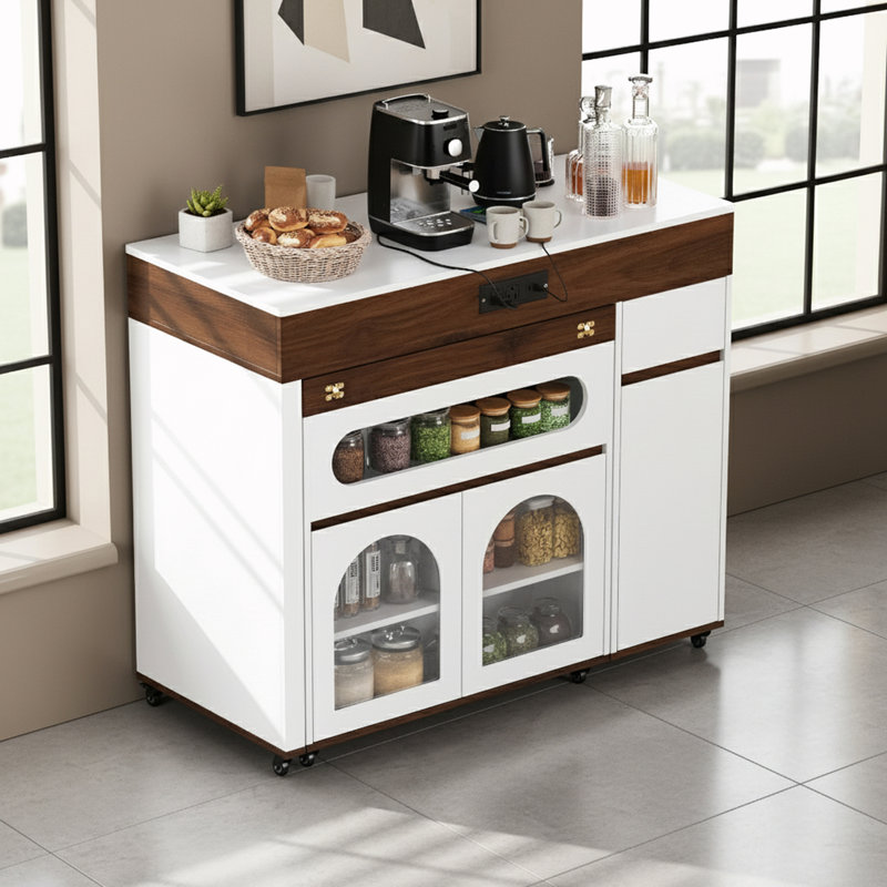 Extendable Rolling Kitchen Island With Drawers And Power Outlet And Storage Cabinet, White/Brown