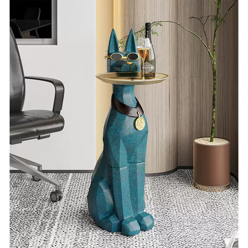 Sculpture de sol en forme de chien porte-bonheur avec plateau et table d'appoint - Décoration intérieure, Sarcelle