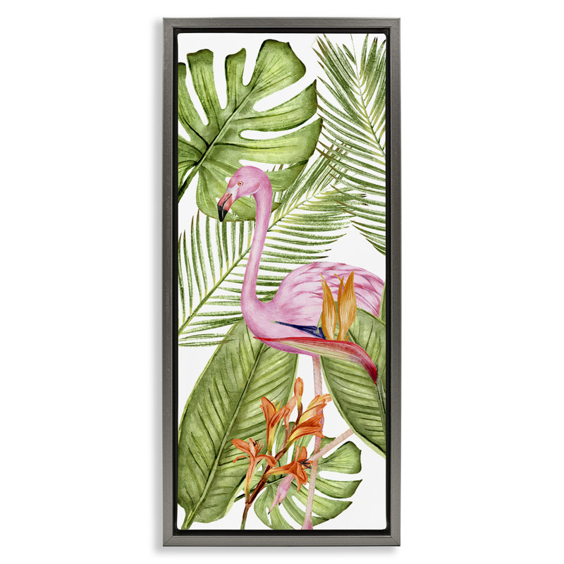 Plantes tropicales et flamant rose, Cadre flottant gris lustré, H 31 po x l 15 po