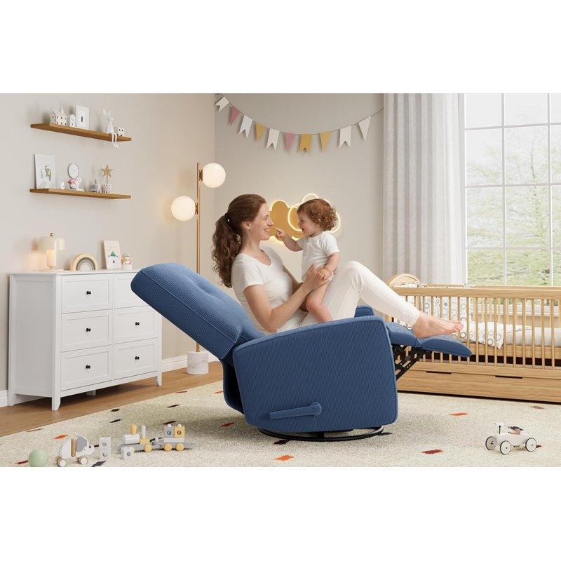 Nursery Recliner Chair, 360° Swivel Rocking Glider with Adjustable Backrest & Footrest, Corduroy Upholstery, Blue