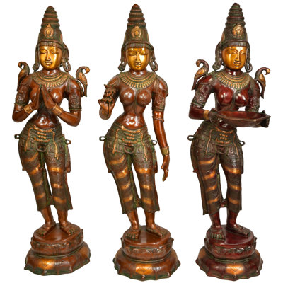 44" Set of Three Welcome Ladies Brass Sculptures – Handmade Traditional Indian Greeting Statues for Luxury Entryway Décor and Hospitality Styling