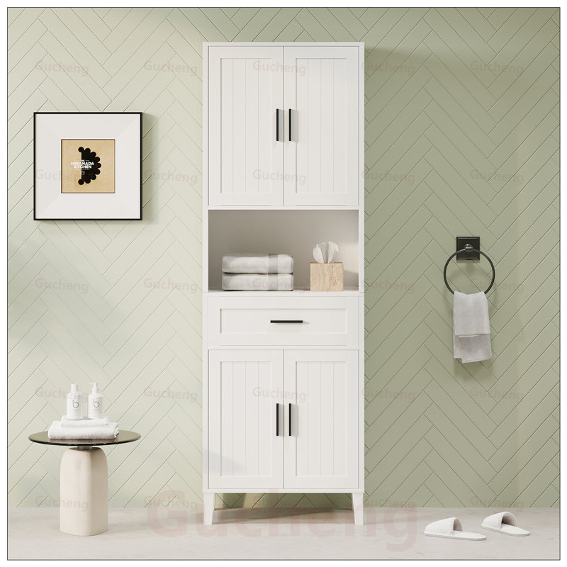 Armoire de salle de bain haute autoportante haute avec tiroir, 2 armoires, 4 portes à fermeture douce et 2 tablettes réglables pour un rangement polyvalent