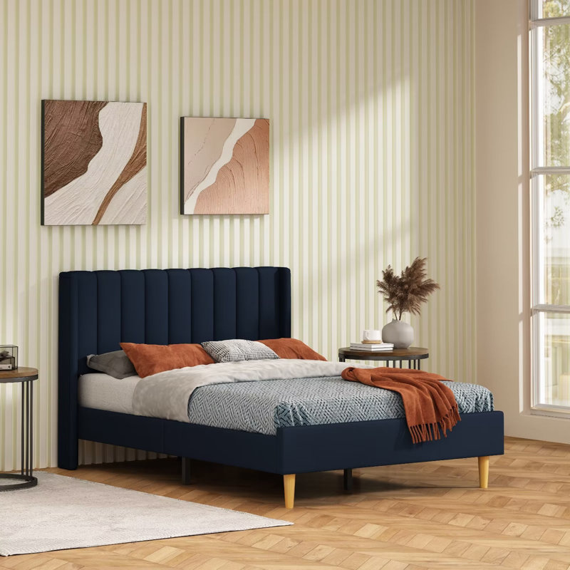 Upholstered Platform Bed Frame with Channel-Tufted Headboard, Strong Wood Slats, No Box Spring Needed, Noiseless Wood Foot, Easy Assemble