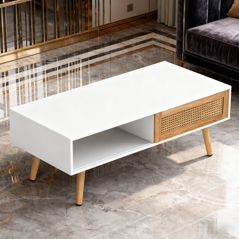 Table basse en rotin PE, porte coulissante pour rangement, pieds en bois massif, Blanc