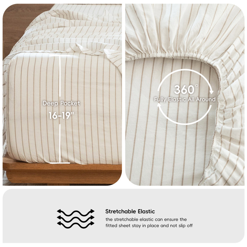 MooMee Striped Sheet Set 100% Washed Cotton Linen Like Textured Breathable Lightweight, King Sheet Set with 2 Pillowcases