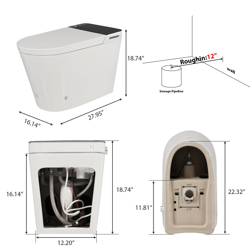 Automatic Toilet With Built - In Bidet, Wider Warm Water Wash And Dry, Foot Sensor Operation, Led Indicator, Remote Controlled, White Colour. Four Level Radar Sensing Distance, Various Washing Modes,