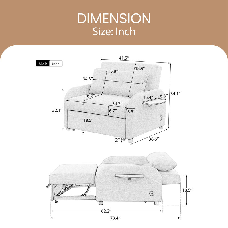 Carianna Twin 41.5'' Upholstered Futon Chair, Beige 100% Linen
