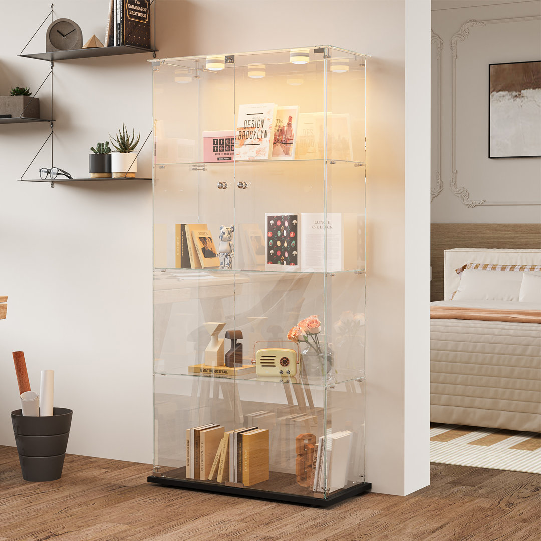 4-Tier Double Door Display Cabinet with LED Puck Lights, Tempered Glass Shelves, Modern Storage Organizer for Home and Office