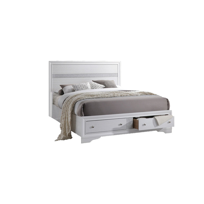 Lit traditionnel traditionnel en bois blanc avec deux tiroirs intégrés pour le rangement des couvertures et des oreillers, système de glissières à roulement, rangement pour raffinement de chambre à coucher, oreillers, glissières de tiroir, confort