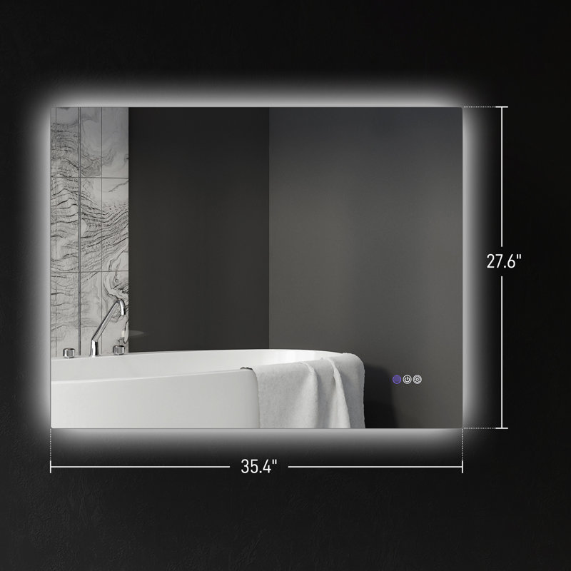 Miroir de salle de bain 35 po x 28 po avec DEL, fonction de brouillard, luminosité et température de couleur réglables, fonction de mémorisation, fixation murale, horizontale / verticale, Cri90 +, résistant à l'eau, mémoire en alliage, aluminium
