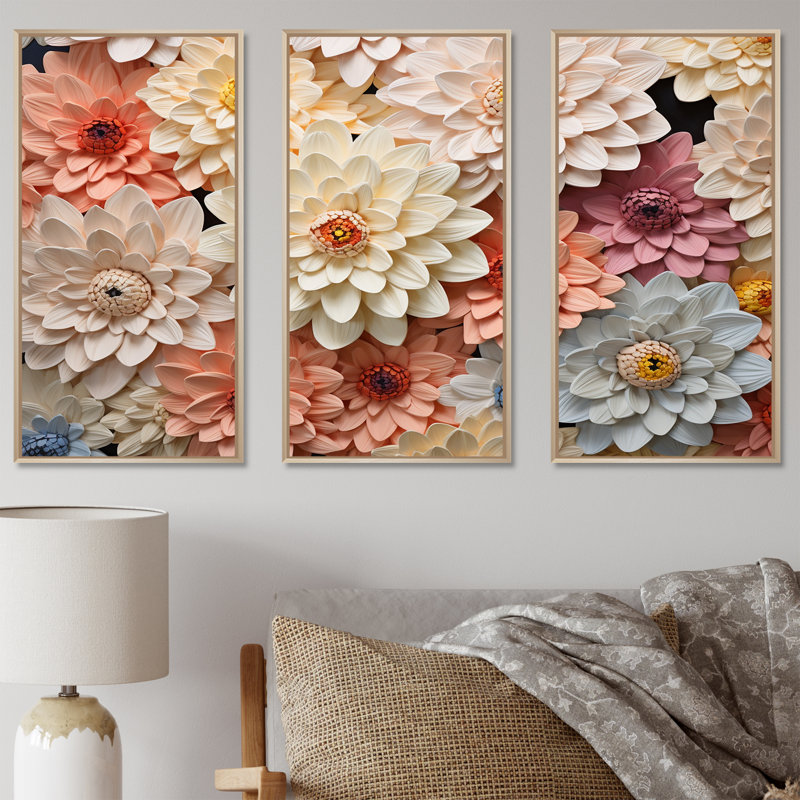 Sunlit Blooms Zinnias Flowers - Zinnias, ensemble d'art sur toile, Cadre naturel flottant, H 40 po x l 60 po x P 1 po