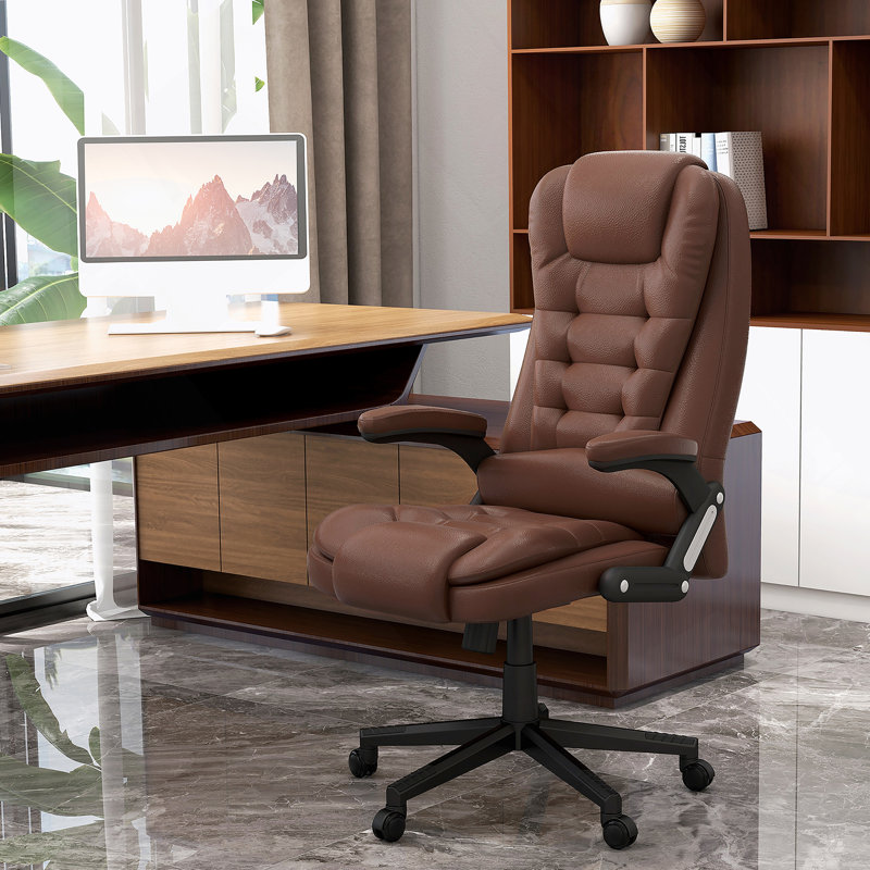 Chaise d'ordinateur de massage à haut dossier avec 6 points de vibration et fauteuil chauffant inclinable en cuir PU avec accoudoirs et télécommande, brun