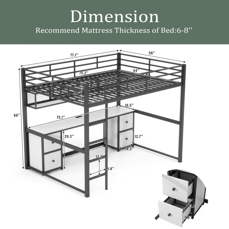 Lit mezzanine double avec tiroirs Alywin Kids, Noir