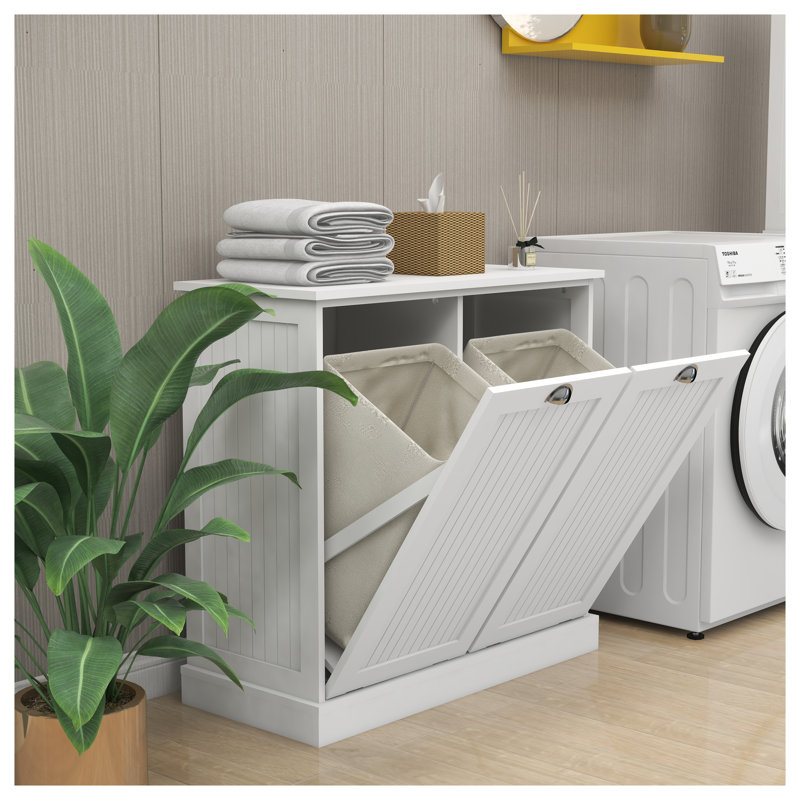White Two-Compartment Tilt-Out Laundry Sorter Cabinet - MDF Laundry Storage Organizer with Removable Cloth Bags, White