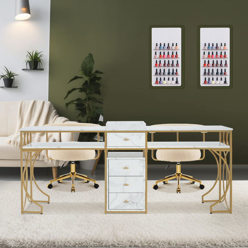 Modern Double Position Modern Nail Desk with Drawer and Shelf 78.7'' Wide, Metal Frame