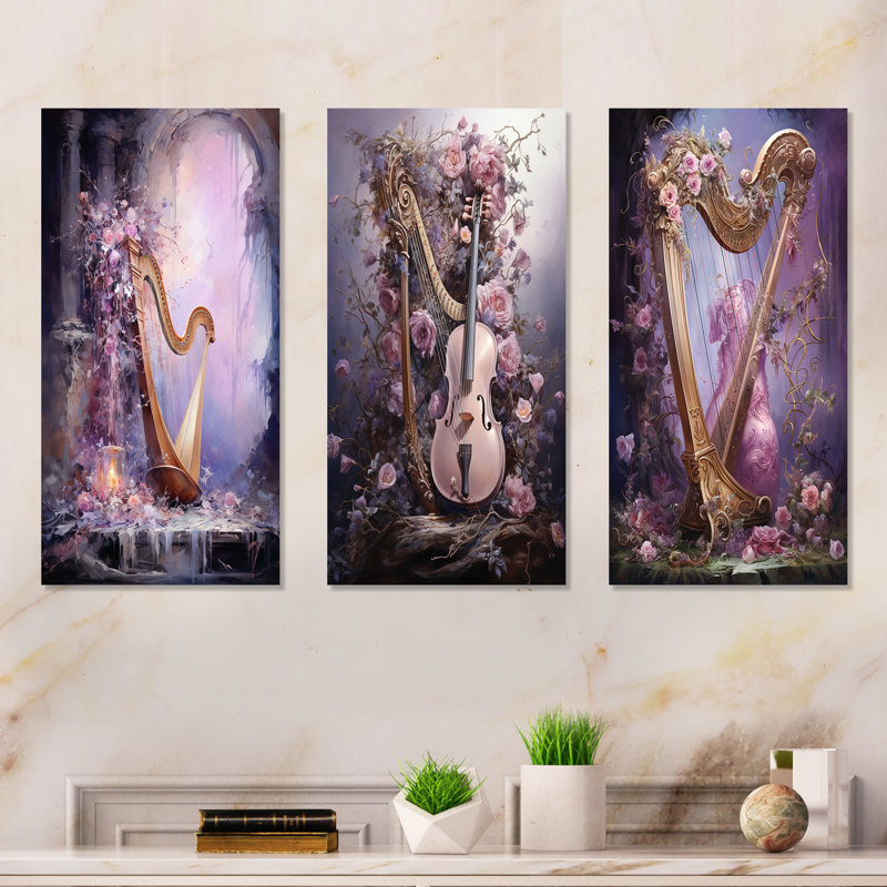 Lyre Lore Mythical Mauve - ensemble de 3 impressions de musique en métal, H 28 po x l 36 po