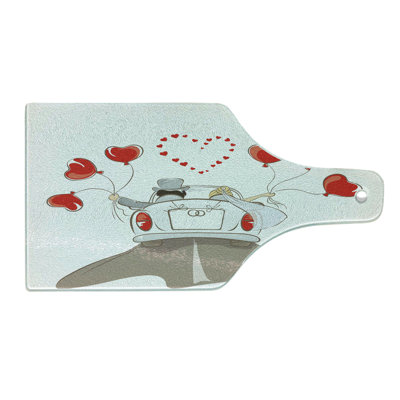 Ambesonne Romance Tempered Glass Cutting Board Newlywed Couple in Car Red Taupe White