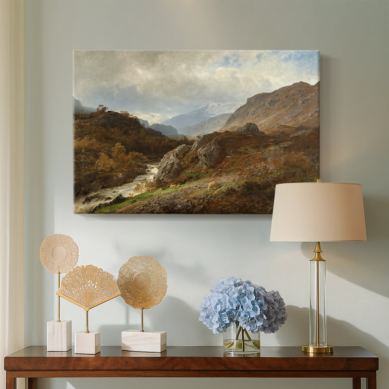 Mountain River Landscape with Sheep-Hans Gude-Gallery Wrapped Canvas-c. late 19th Century, 18 x 27