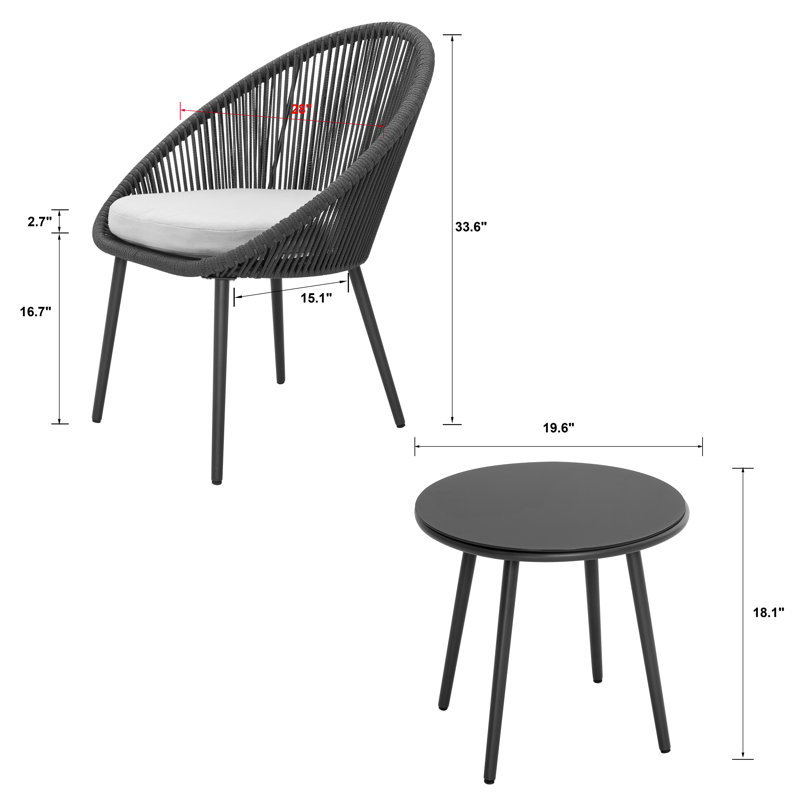 Kulp 3-Piece Patio Bistro Set, Outdoor Conversation Chair Set Balcony with Tempered Glass Coffee Table and Light Gray Cushions, Water-Resistant Woven Rope for Poolside