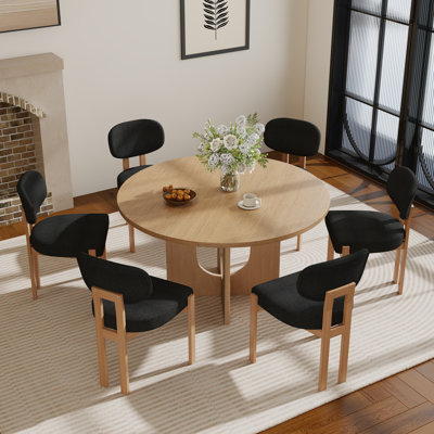 Farmhouse Modern Round Dining Set 47.3" MDF Table + 4-6 Upholstered Fabric Chairs, Curved Backrest, Thick High-Density Sponge Cushion for Kitchen Dining Room