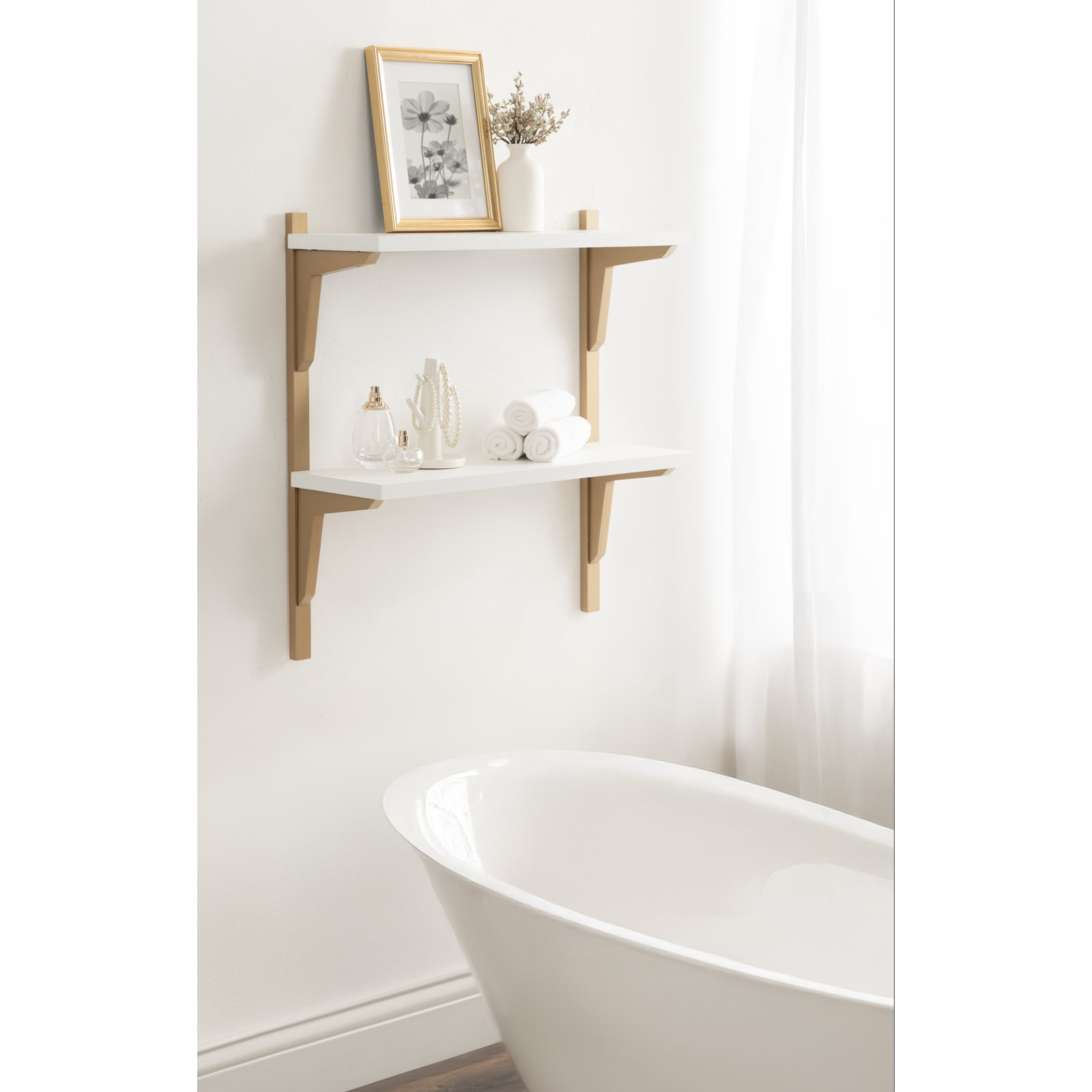 Baez Poplar Solid Wood Wall Shelf, White/Gold