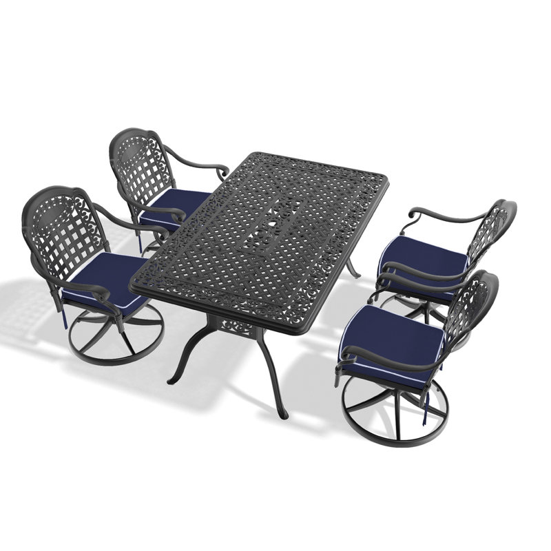 5 chaises d'extérieur en fonte d'aluminium, 4 chaises rotatives et table rectangulaire, noir, résistant aux intempéries, coussins de dossier décoloré