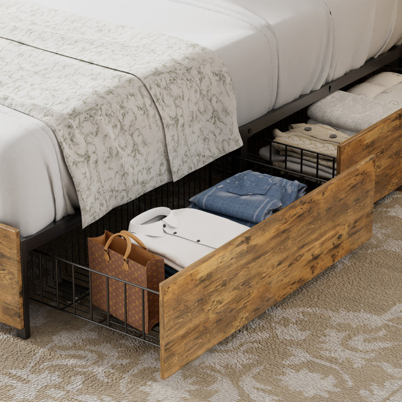 Rustic Bookcase Platform Bed with Storage Drawers and Charging Station, Wooden Bed Frame with Tall Storage Headboard, USB Ports, Farmhouse Bedroom Furniture, Heavy Duty Slats Support, No Box Spring Needed