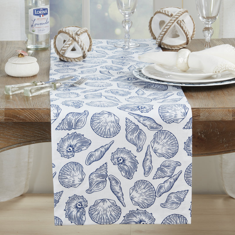 Chemin de table en coton blanc et bleu à motif de coquillages l 14 po x L 72 po
