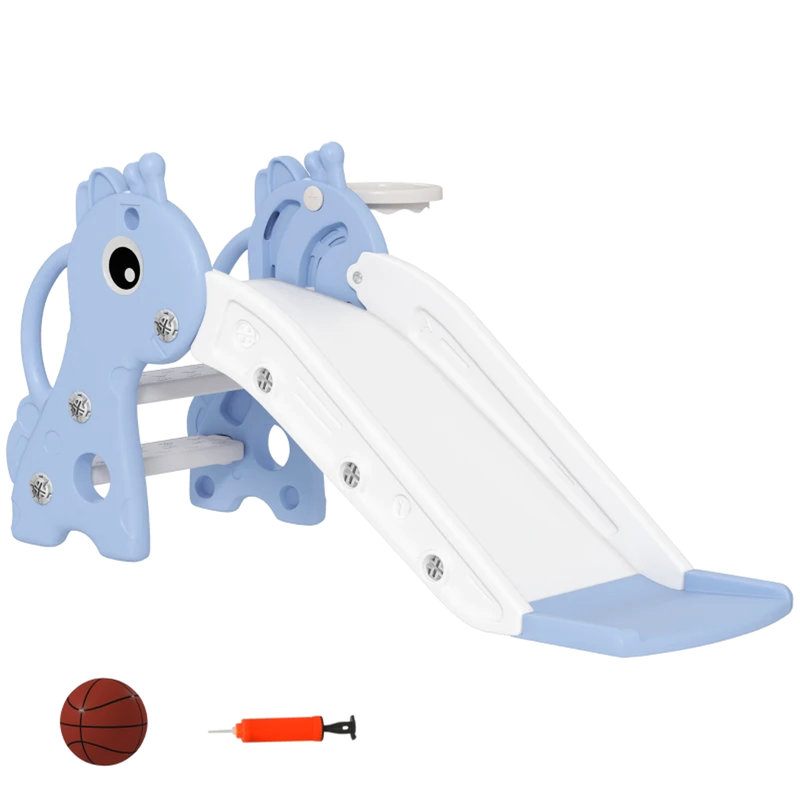 Toboggan autoportant, inspiré de la girafe, 3 marches, avec cerceau, en polypropylène, espacement antidérapant, rampes latérales, 1 an, bleu/blanc, montage et nettoyage rapides grâce à sa conception, ses matériaux et ses pédales.