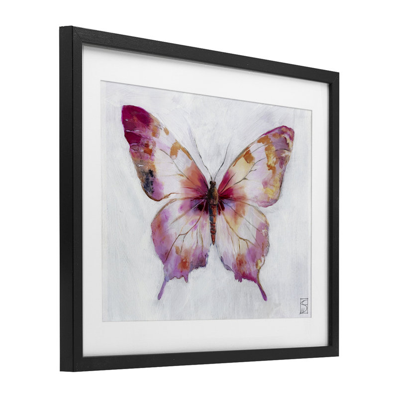 Graceful Pink Butterfly Framed Print Under Glass, design by Sara Culpepper, 13" H x 16" W, Midnight Black Frame