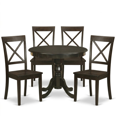 Linen White Round 5 Piece Dining Table Set Pedestal Upholstered Chairs For 4