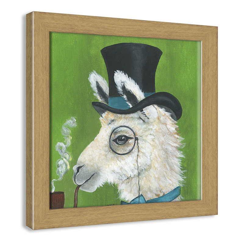 Lama et tuyau, art encadré, H 14 po x l 14 po x P 0,625 po, Cadre en chêne